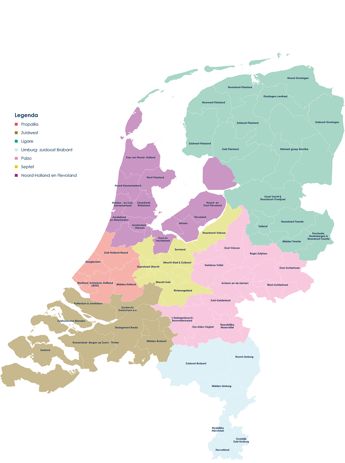 Kaart van Nederland met daarop alle netwerken palliatieve zorg Kaart van Nederland met daarop alle netwerken palliatieve zorg